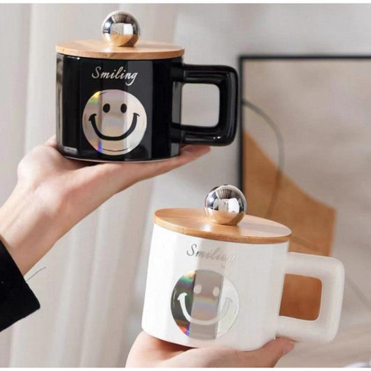 CHOPE CERAMIQUE AVEC COUVERCLE EN BOIS A MOTIF SMILE -450ML-