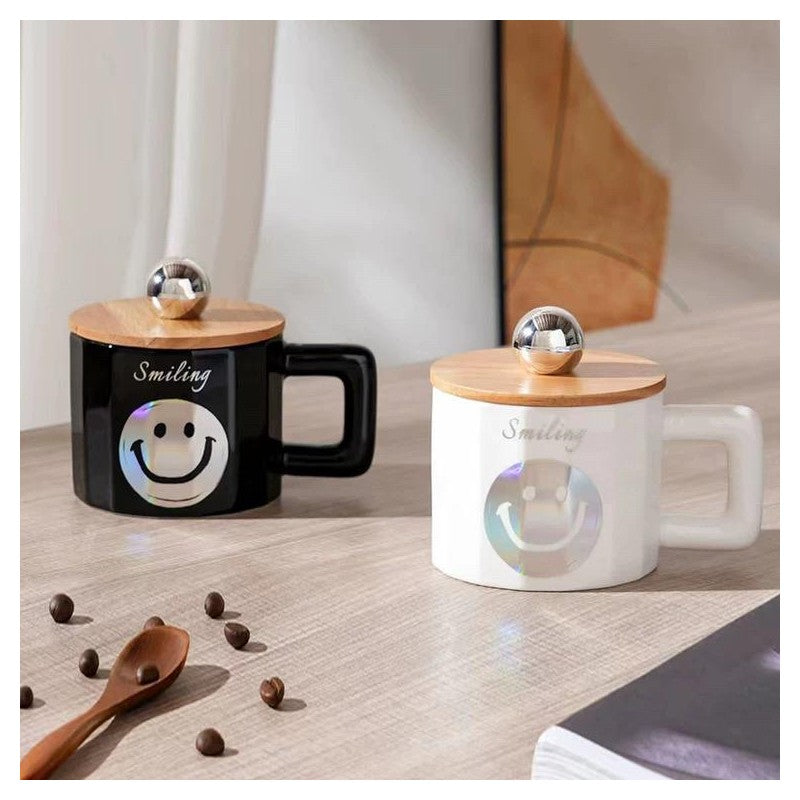 CHOPE CERAMIQUE AVEC COUVERCLE EN BOIS A MOTIF SMILE -450ML-