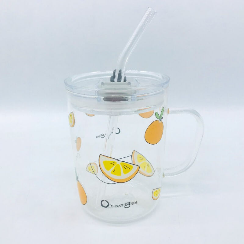 CHOPE - MUG EN VERRE AVEC COUVERCLE -ORANGES-550ML-