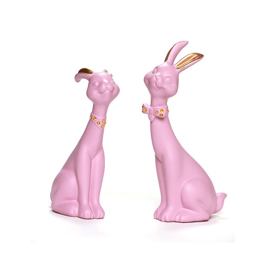 SÉRIE DÉCORATION ADORABLE DE DEUX STATUES LAPIN EN RÉSINÉ