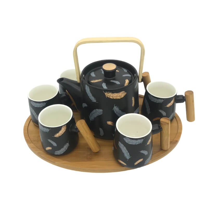 SERVICE CAFE EN CERAMIQUE AVEC PLATEAU EN BOIS UNE THÉIÈRE ET 6 TASSES