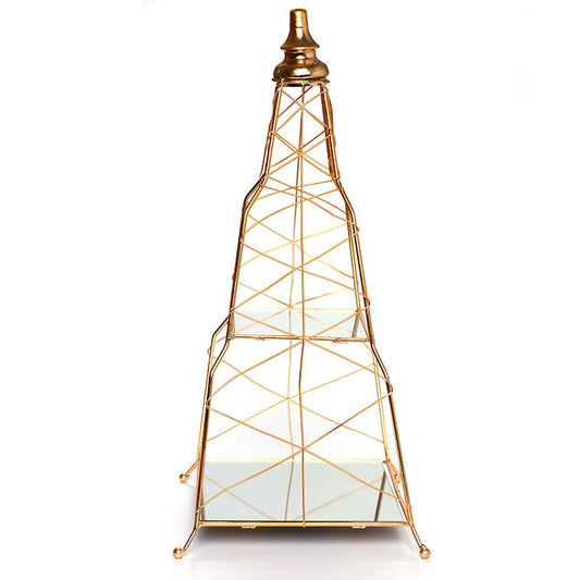 SERVITEUR 2 ÉTAGES PYRAMIDE EN MÉTAL ASPECT DORÉ -25CM X 25CM X 54CM-