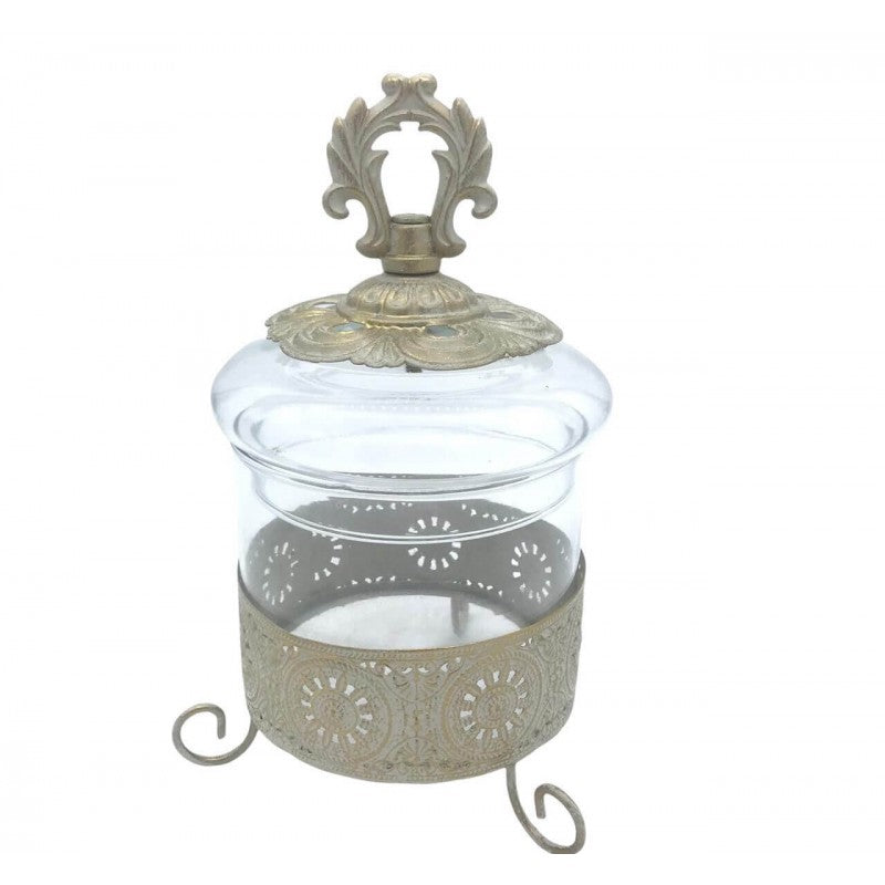 BOMBONIERRE EN VERRE AVEC SUPPORT EN FER ET COUVERCLE