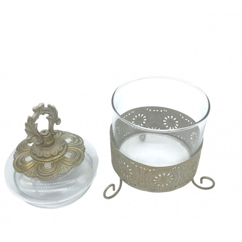 BOMBONIERRE EN VERRE AVEC SUPPORT EN FER ET COUVERCLE