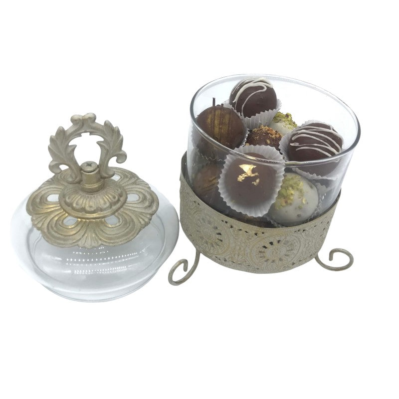 BOMBONIERRE EN VERRE AVEC SUPPORT EN FER ET COUVERCLE