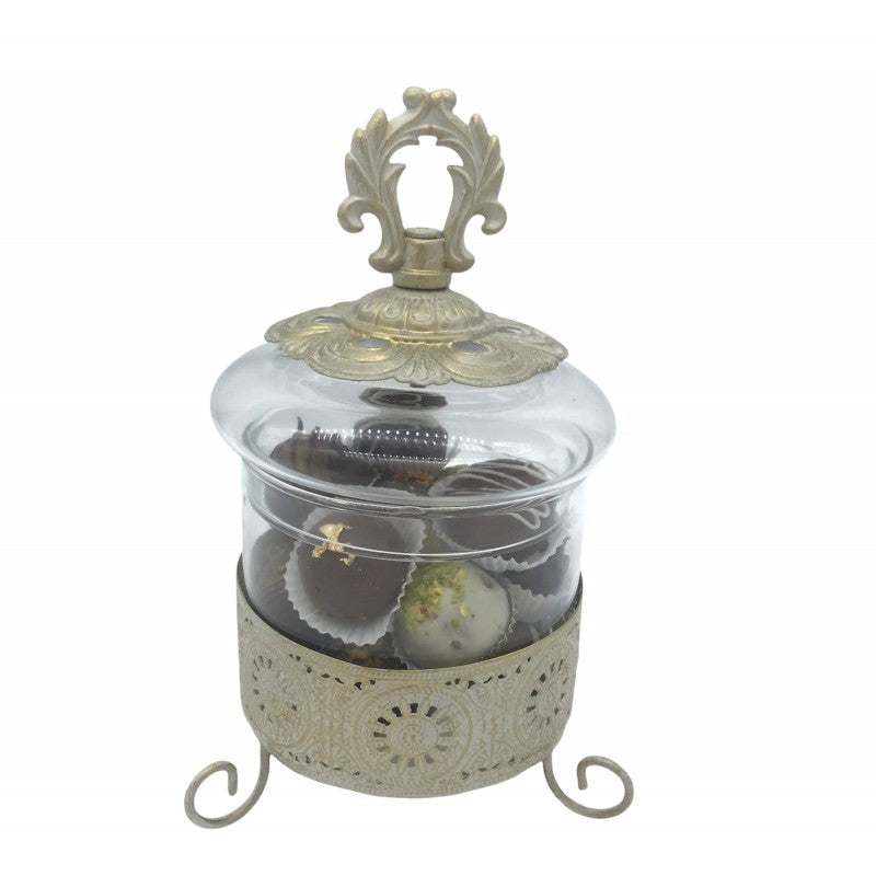 BOMBONIERRE EN VERRE AVEC SUPPORT EN FER ET COUVERCLE