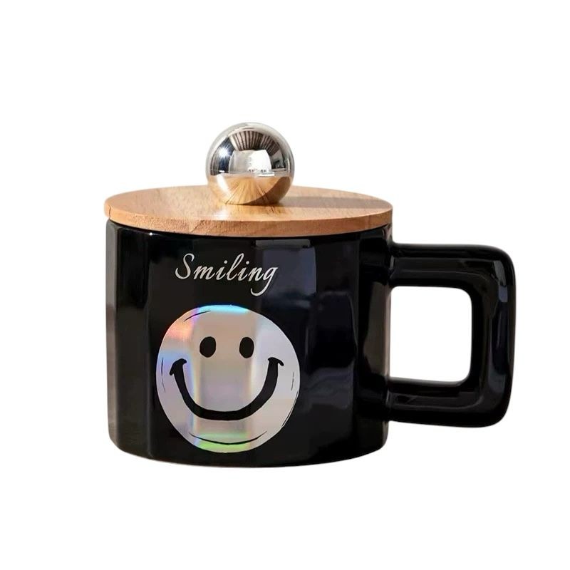 CHOPE CERAMIQUE AVEC COUVERCLE EN BOIS A MOTIF SMILE -450ML-