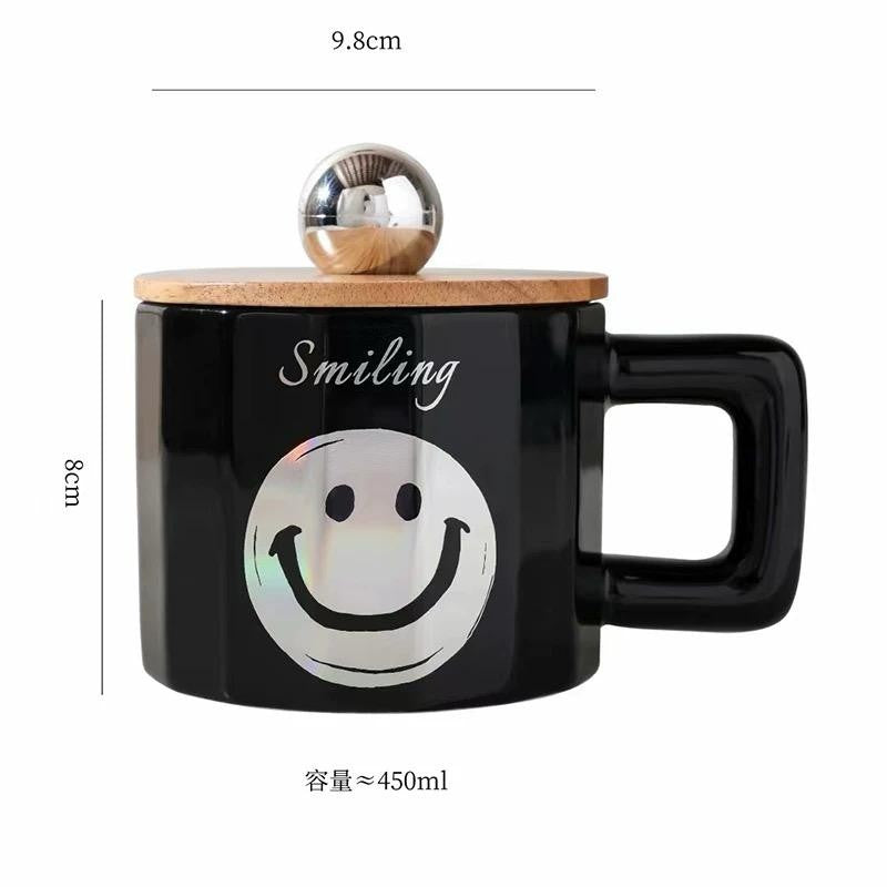 CHOPE CERAMIQUE AVEC COUVERCLE EN BOIS A MOTIF SMILE -450ML-