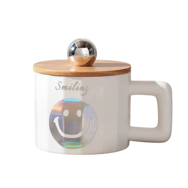 CHOPE CERAMIQUE AVEC COUVERCLE EN BOIS A MOTIF SMILE -450ML-