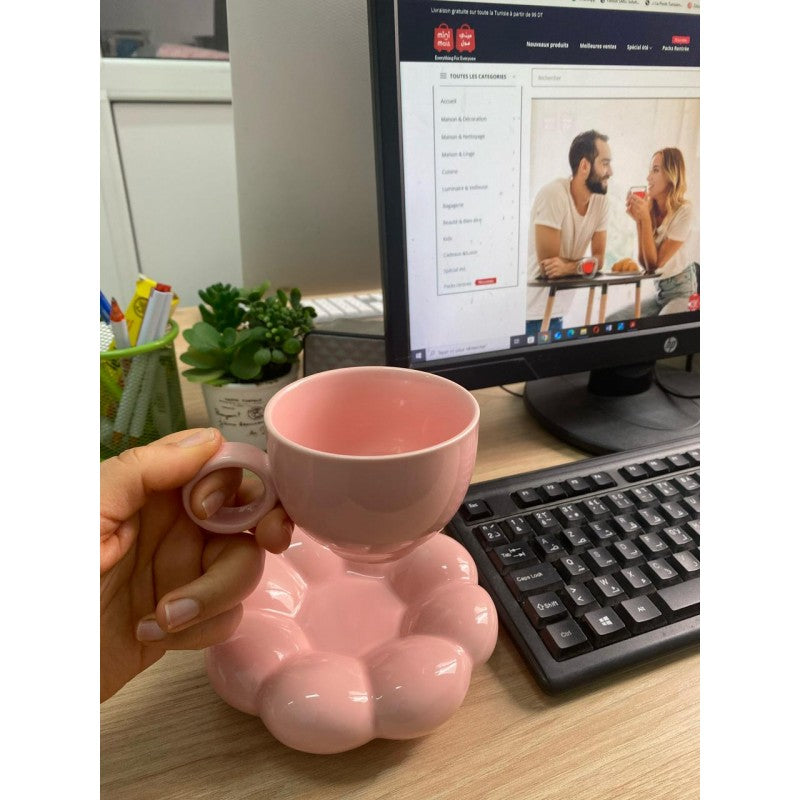 CHOPE CERAMIQUE ROSE AVEC SOUS TASSE EN FORME MACARON -200ML-
