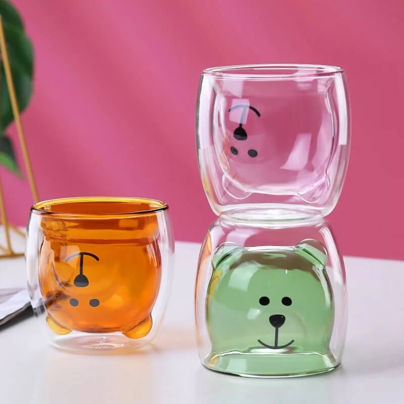 CHOPE EN VERRE DOUBLE PAROIS OURS COLORÉ VERT -250ML-