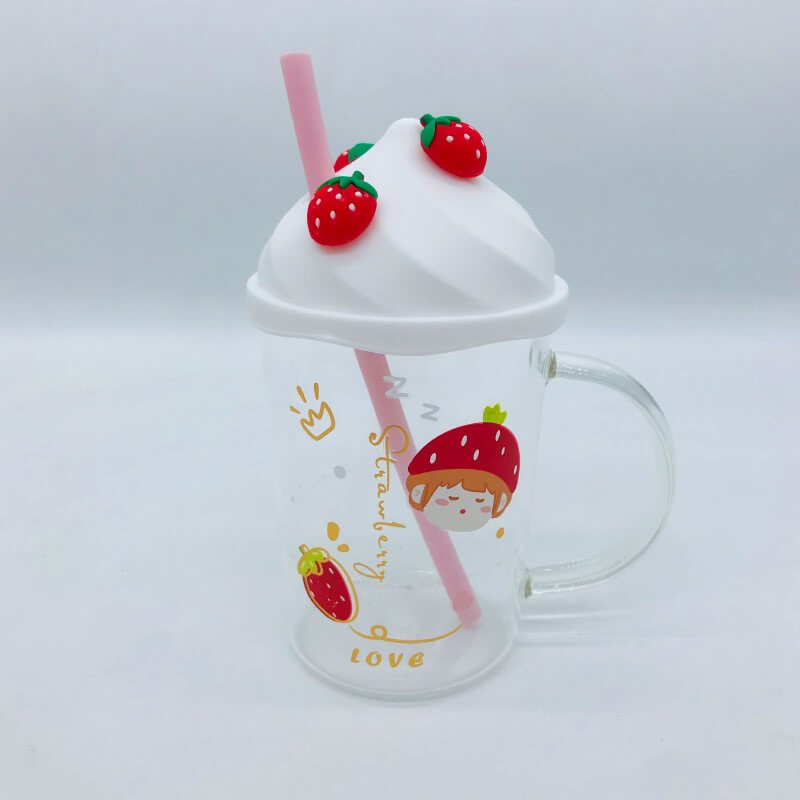 CHOPE - MUG EN VERRE AVEC COUVERCLE EN SILICONE A MOTIF FRAISE -450ML-