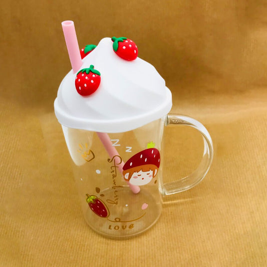 CHOPE - MUG EN VERRE AVEC COUVERCLE EN SILICONE A MOTIF FRAISE -450ML-