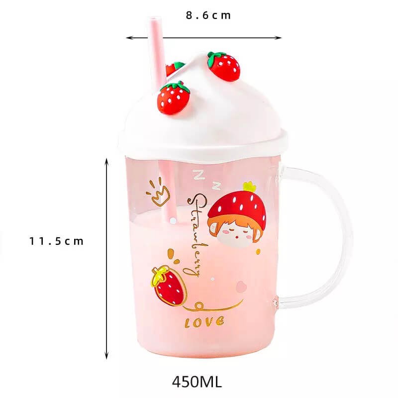 CHOPE - MUG EN VERRE AVEC COUVERCLE EN SILICONE A MOTIF FRAISE -450ML-
