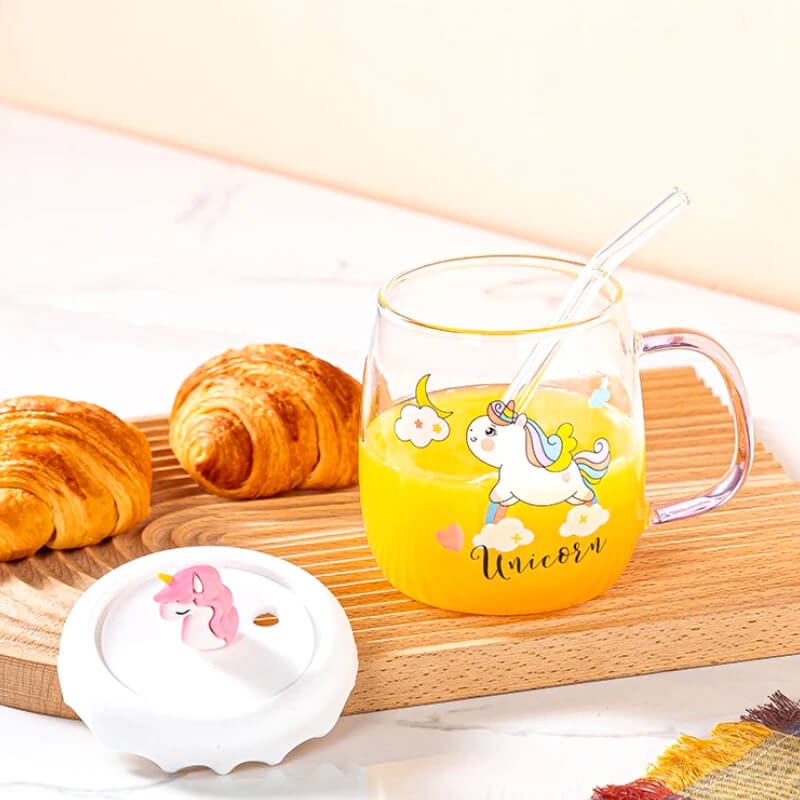 CHOPE - MUG EN VERRE AVEC COUVERCLE EN SILICONE A MOTIF THE UNICORNE -550ML-