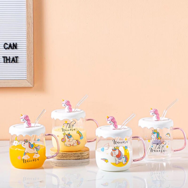 CHOPE - MUG EN VERRE AVEC COUVERCLE EN SILICONE A MOTIF THE UNICORNE -550ML-