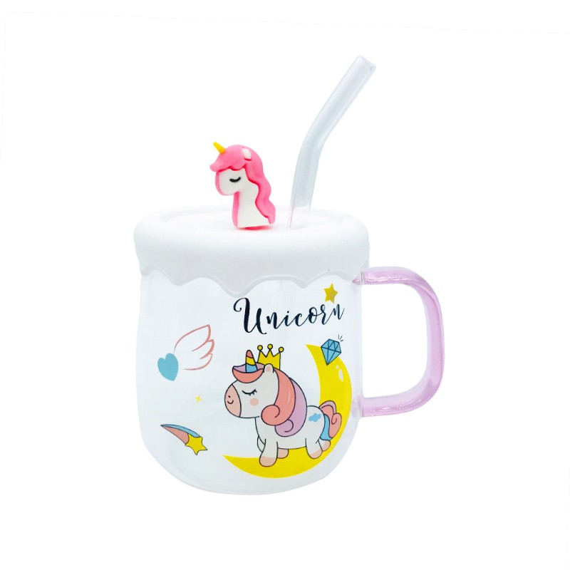 CHOPE - MUG EN VERRE AVEC COUVERCLE EN SILICONE A MOTIF THE UNICORNE -550ML-