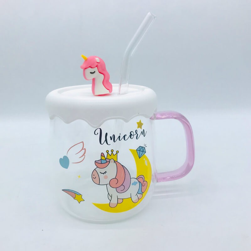CHOPE - MUG EN VERRE AVEC COUVERCLE EN SILICONE A MOTIF THE UNICORNE -550ML-