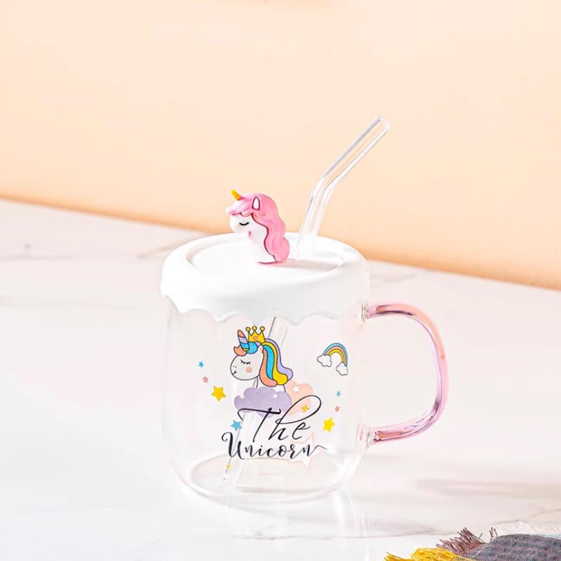 CHOPE - MUG EN VERRE AVEC COUVERCLE EN SILICONE A MOTIF UNICORNE -550ML-