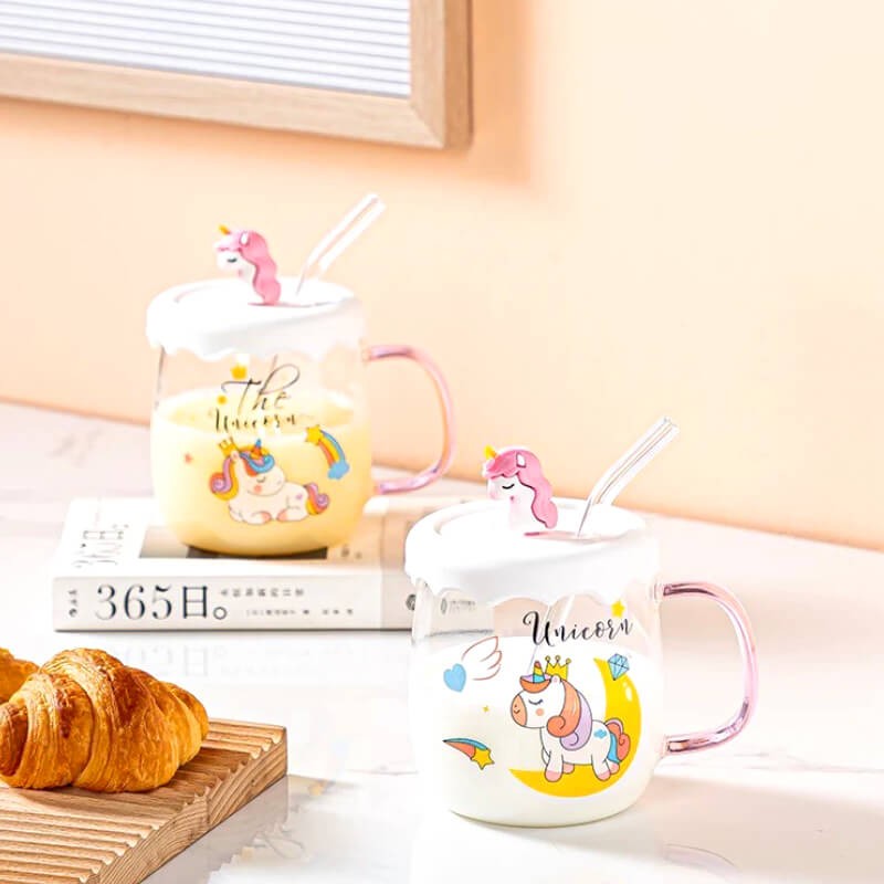 CHOPE - MUG EN VERRE AVEC COUVERCLE EN SILICONE A MOTIF UNICORNE -550ML-