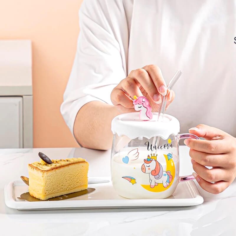 CHOPE - MUG EN VERRE AVEC COUVERCLE EN SILICONE A MOTIF UNICORNE -550ML-