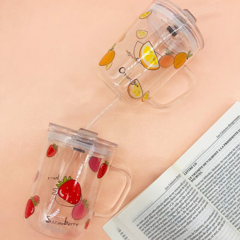 CHOPE - MUG EN VERRE AVEC COUVERCLE -ORANGES-550ML-