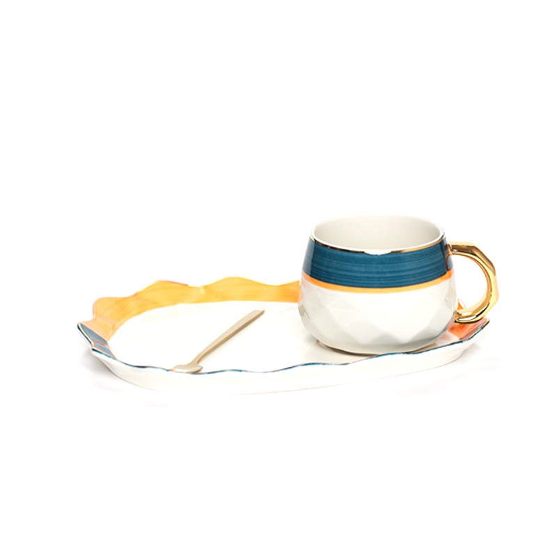 MUG CÉRAMIQUE ÉLÉGANT BLANC - BLEU - ORANGÉ -240ML-