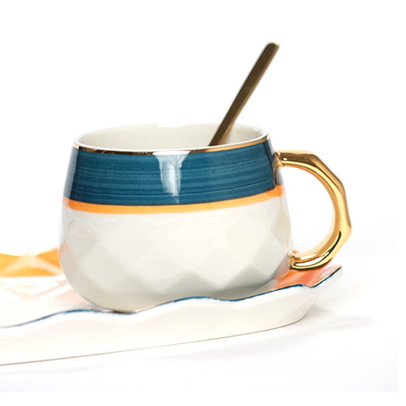 MUG CÉRAMIQUE ÉLÉGANT BLANC - BLEU - ORANGÉ -240ML-