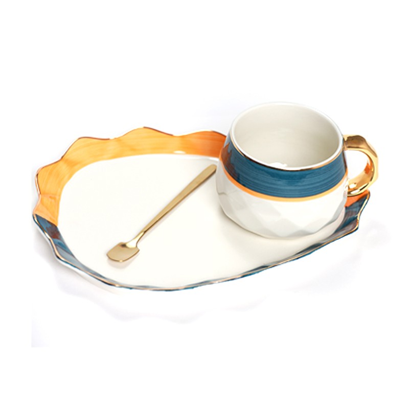 MUG CÉRAMIQUE ÉLÉGANT BLANC - BLEU - ORANGÉ -240ML-