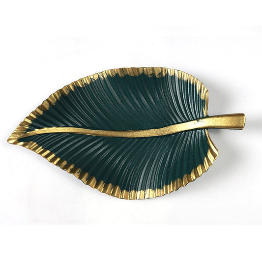 PLATEAU DÉCORATIF EN BOIS FORME DE FEUILLE ASPECT VERT ET DORÉ -35CM X 20CM-