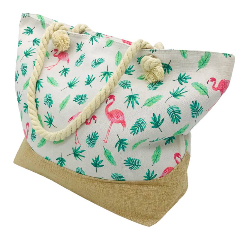 SAC DE PLAGE IMPRIMÉ FEUILLE VERT ET FLAMINGO