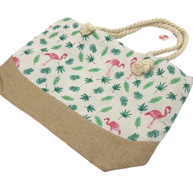 SAC DE PLAGE IMPRIMÉ FEUILLE VERT ET FLAMINGO