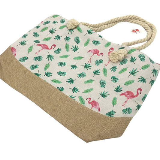 SAC DE PLAGE IMPRIMÉ FEUILLE VERT ET FLAMINGO