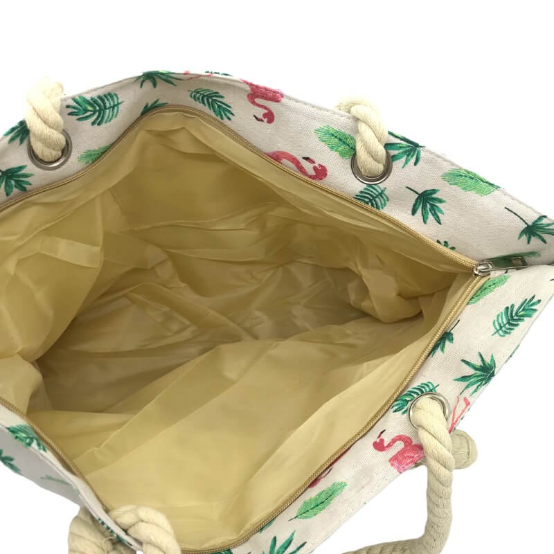 SAC DE PLAGE IMPRIMÉ FEUILLE VERT ET FLAMINGO