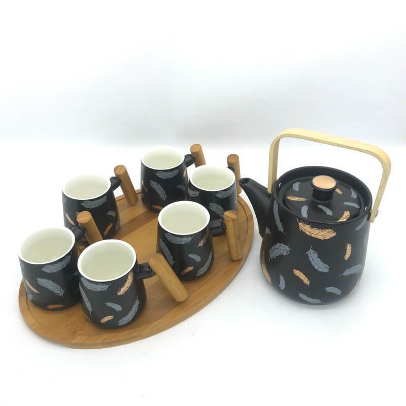 SERVICE CAFE EN CERAMIQUE AVEC PLATEAU EN BOIS UNE THÉIÈRE ET 6 TASSES