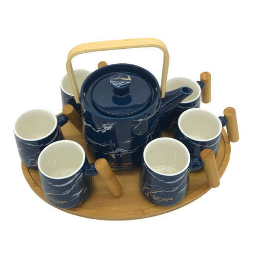 SERVICE CAFE EN CERAMIQUE AVEC PLATEAU EN BOIS UNE THÉIÈRE ET 6 TASSES