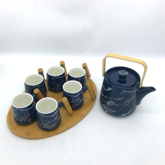 SERVICE CAFE EN CERAMIQUE AVEC PLATEAU EN BOIS UNE THÉIÈRE ET 6 TASSES