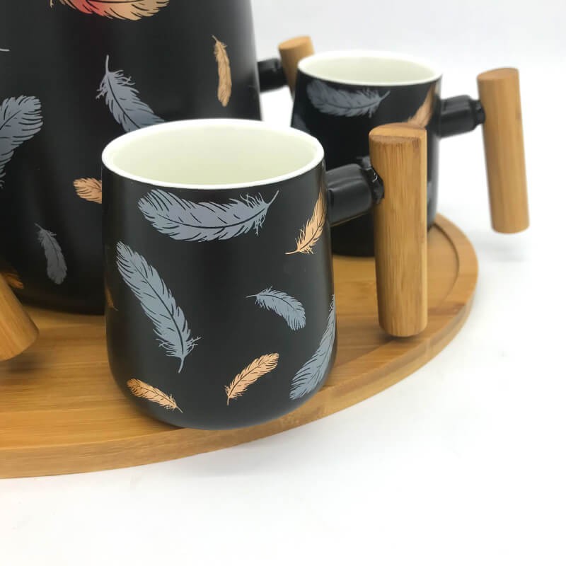 SERVICE CAFE EN CERAMIQUE AVEC PLATEAU EN BOIS UNE THÉIÈRE ET 6 TASSES