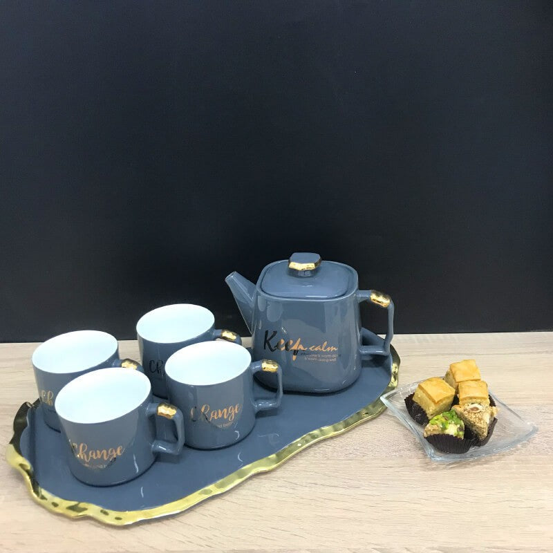 SERVICE CAFE EN CERAMIQUE AVEC PLATEAU UNE THÉIÈRE ET 4 TASSES