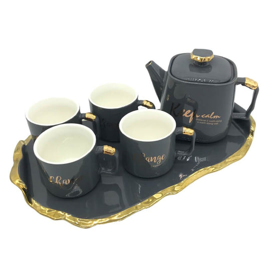 SERVICE CAFE EN CERAMIQUE AVEC PLATEAU UNE THÉIÈRE ET 4 TASSES