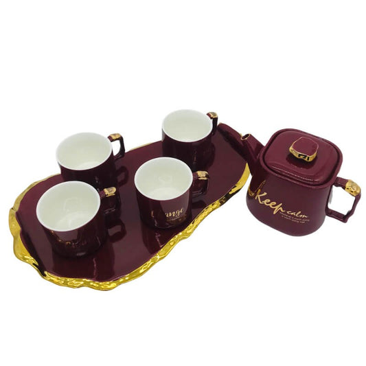 SERVICE CAFE EN CERAMIQUE AVEC PLATEAU UNE THÉIÈRE ET 4 TASSES