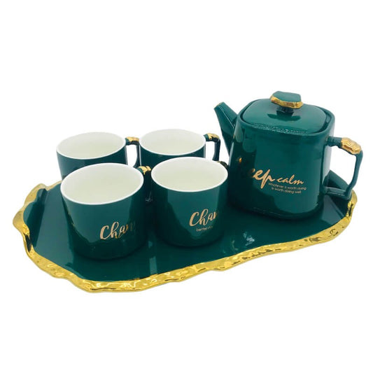 SERVICE CAFE EN CERAMIQUE AVEC PLATEAU UNE THÉIÈRE ET 4 TASSES