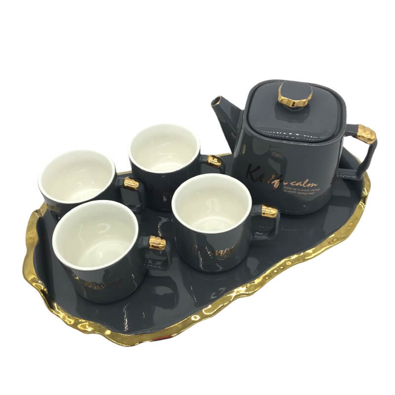SERVICE CAFE EN CERAMIQUE AVEC PLATEAU UNE THÉIÈRE ET 4 TASSES