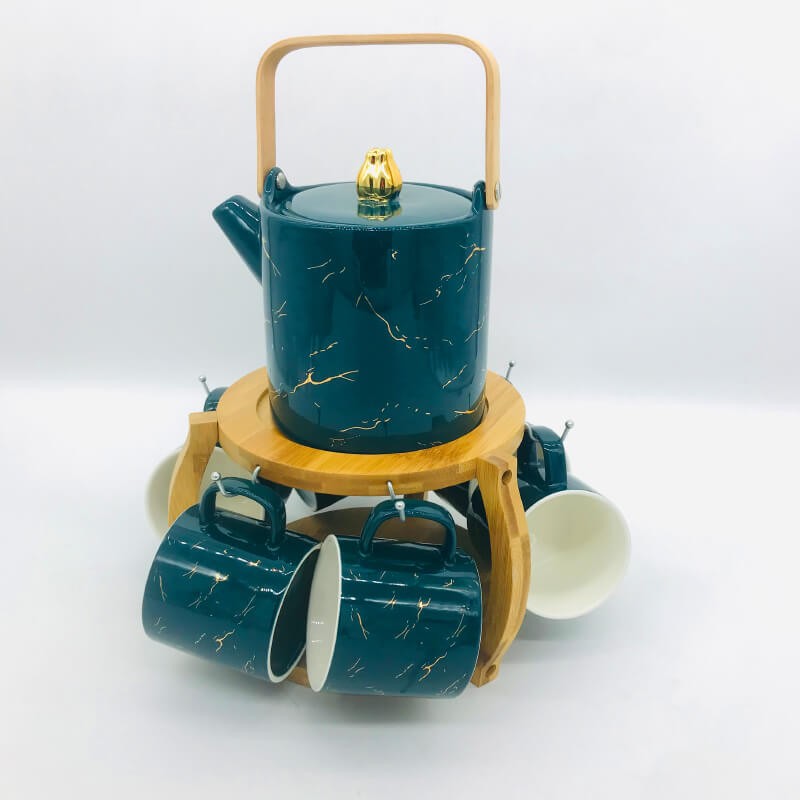 SERVICE CAFE EN CERAMIQUE AVEC UN SUPPORT EN BOIS UNE THÉIÈRE ET 6 TASSES