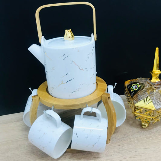 SERVICE CAFE EN CERAMIQUE AVEC UN SUPPORT EN BOIS UNE THÉIÈRE ET 6 TASSES