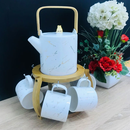 SERVICE CAFE EN CERAMIQUE AVEC UN SUPPORT EN BOIS UNE THÉIÈRE ET 6 TASSES