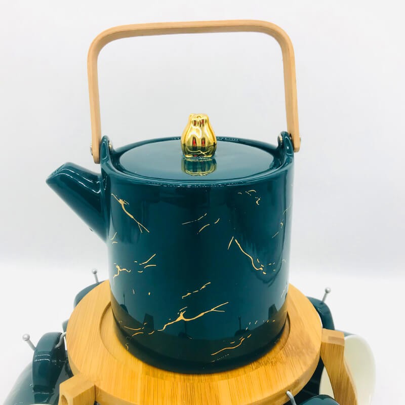 SERVICE CAFE EN CERAMIQUE AVEC UN SUPPORT EN BOIS UNE THÉIÈRE ET 6 TASSES