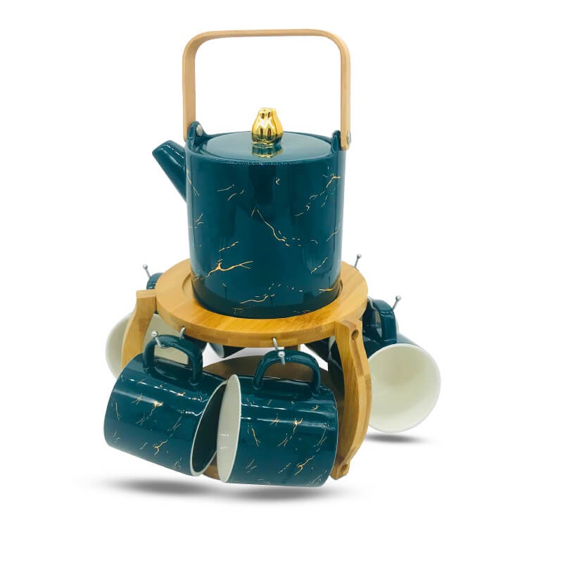 SERVICE CAFE EN CERAMIQUE AVEC UN SUPPORT EN BOIS UNE THÉIÈRE ET 6 TASSES