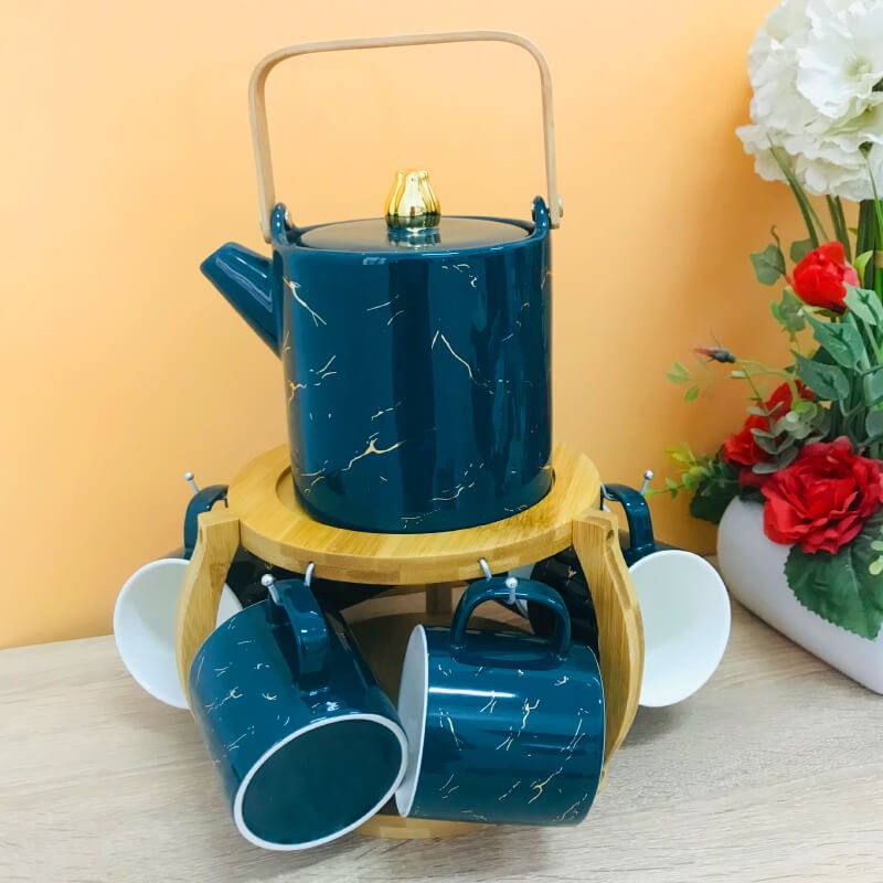 SERVICE CAFE EN CERAMIQUE AVEC UN SUPPORT EN BOIS UNE THÉIÈRE ET 6 TASSES