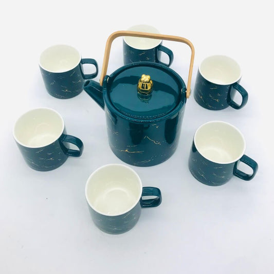 SERVICE CAFE EN CERAMIQUE AVEC UN SUPPORT EN BOIS UNE THÉIÈRE ET 6 TASSES